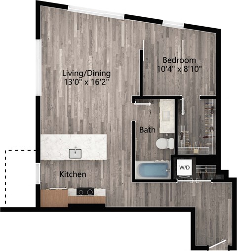 Floor plan for 1 bed, 1 bath, 773 sqft